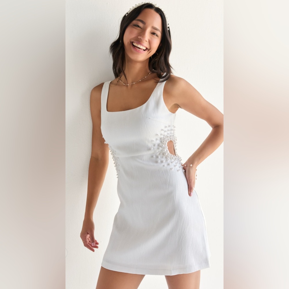 Elegant White Dress with Pearl Detailing